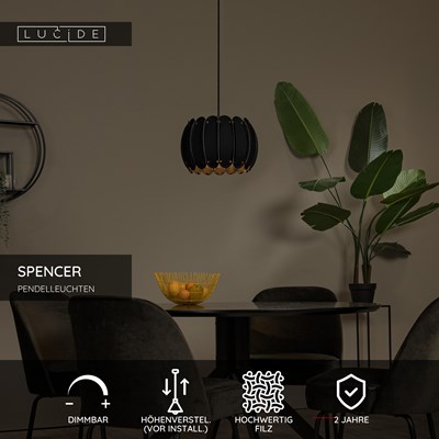 Lucide SPENCER - Pendelleuchten - Ø 30 cm - 1xE27 - Schwarz
